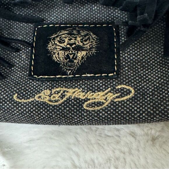 Ed Hardy Vintage Black Cow Leather Canvas Fringe Studded Clutch Wristlet - Picture 9 of 17